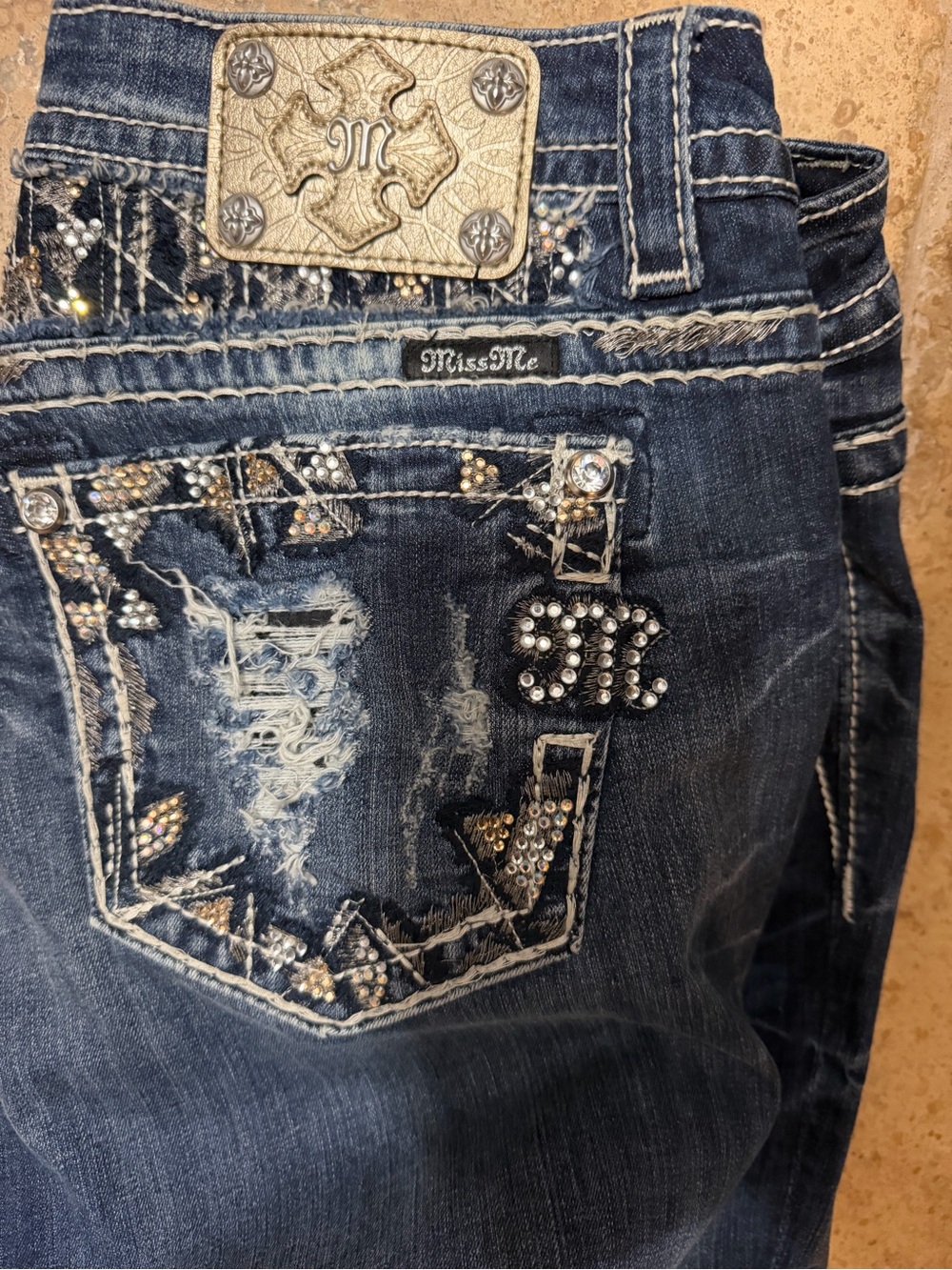 Miss Me Women’sDark Blue Denim Jeans with Rhinestone Embellished Pockets